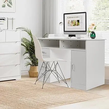 47" White Executive Desk with Cabinet & Shelves