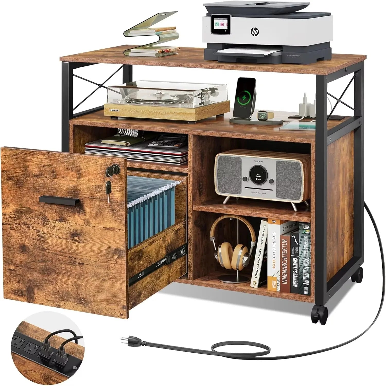 Rustic Brown Locking Lateral File Cabinet with Wheels