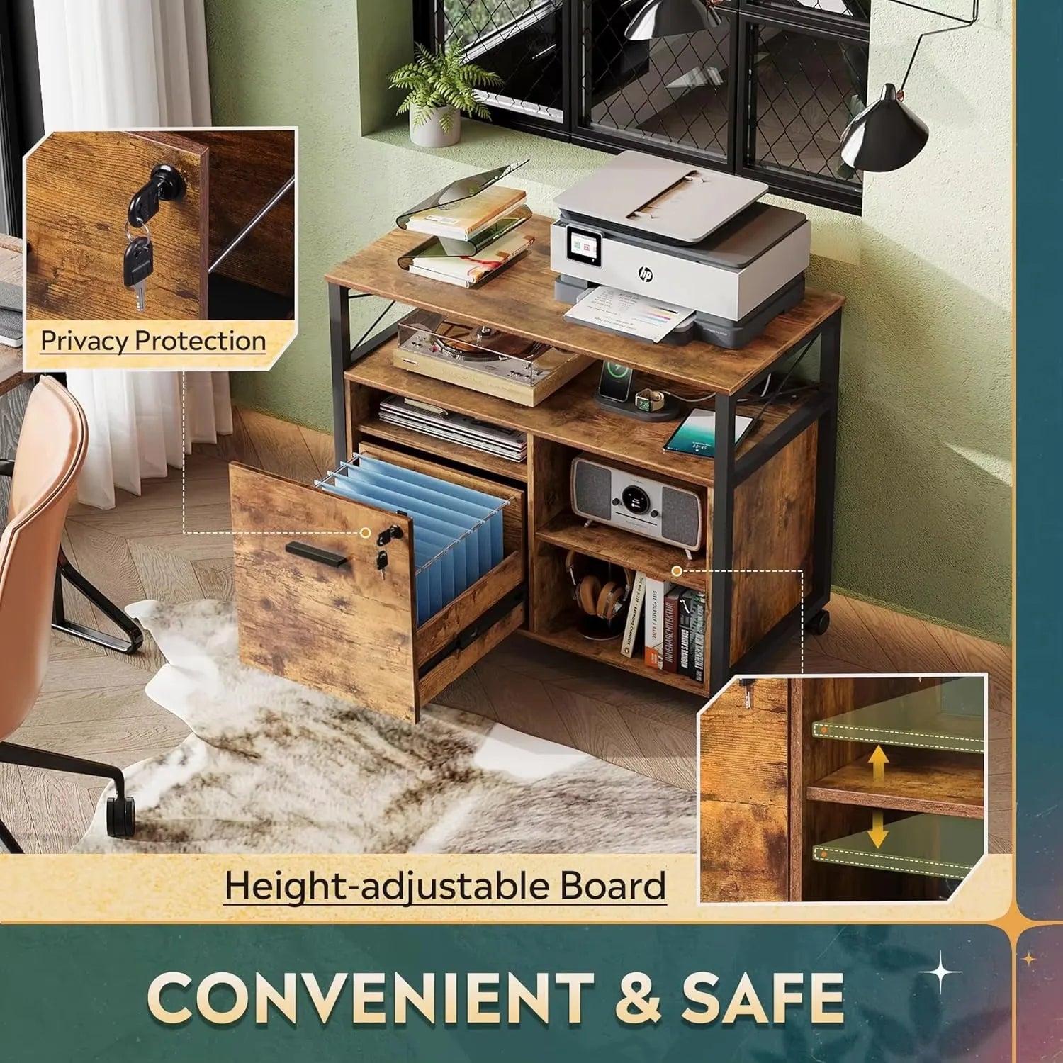 Rustic Brown Locking Lateral File Cabinet with Wheels