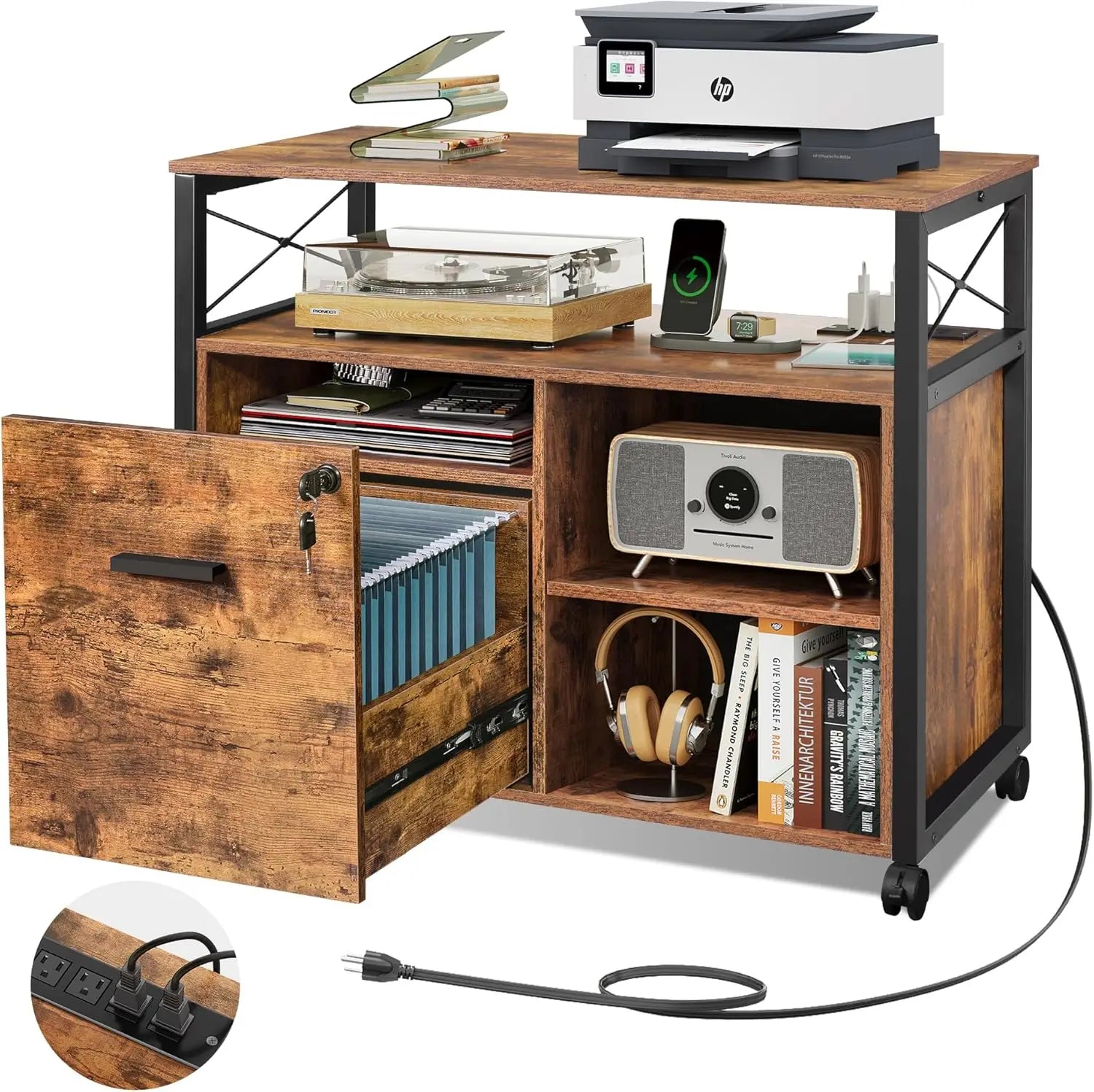 Rustic Brown Locking Lateral File Cabinet with Wheels