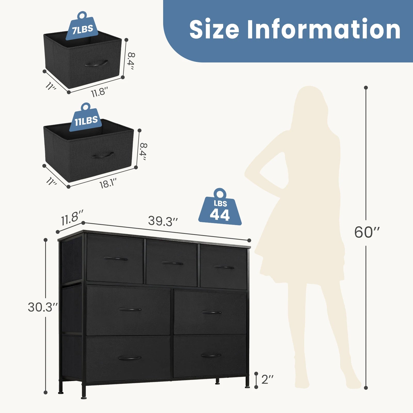 JHK Dresser with 7 Fabric Drawers