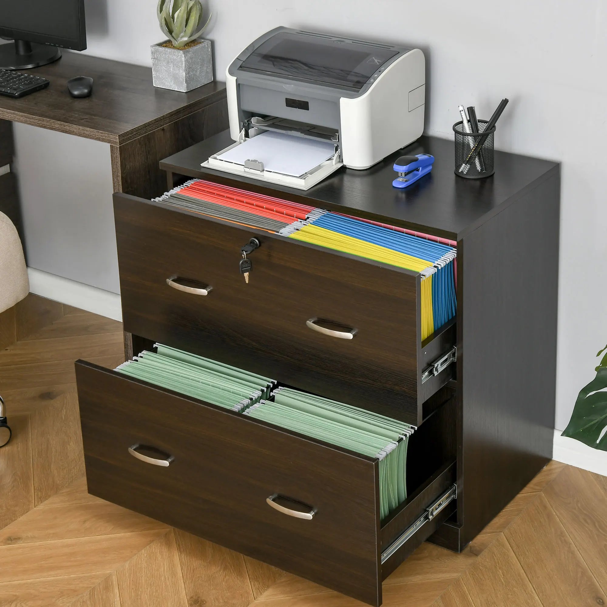 Walnut Vertical Office File Cabinet with 2 Lockable Drawers