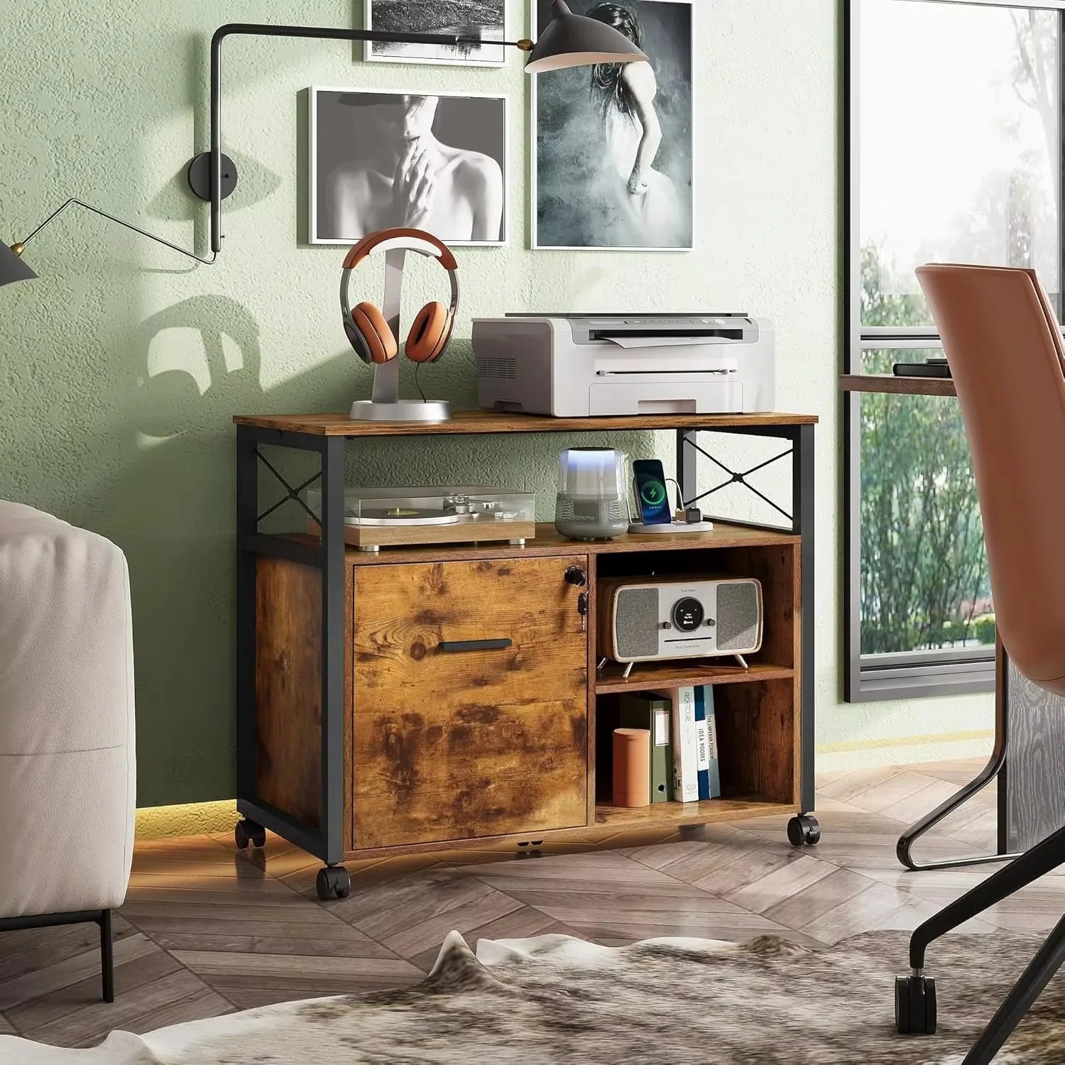 Rustic Brown Locking Lateral File Cabinet with Wheels