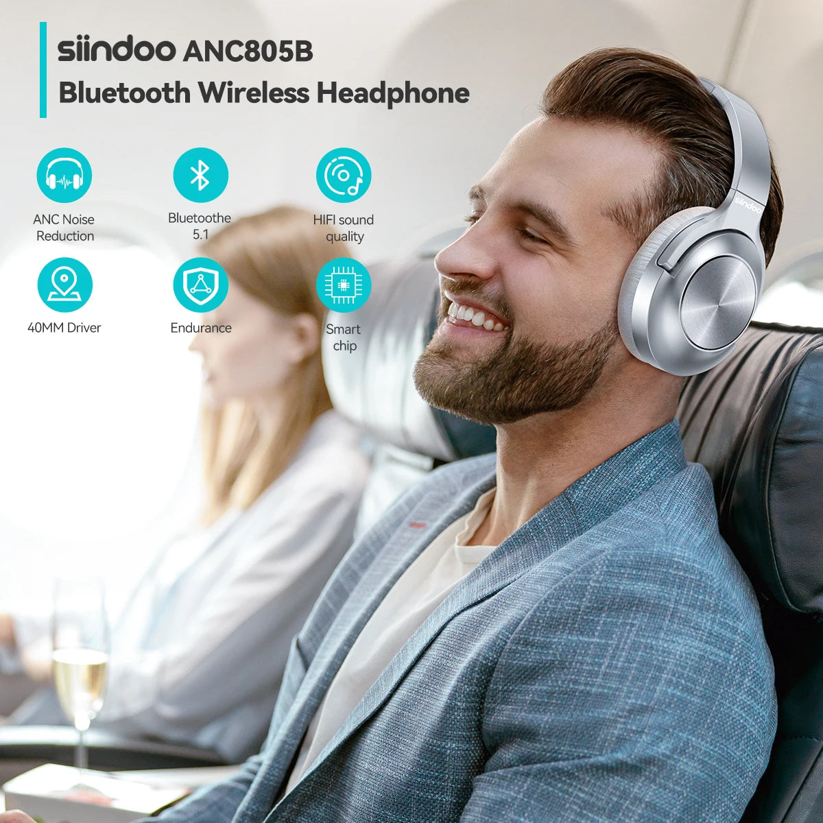 Siindoo JH-ANC805B Active Noise Cancelling Wireless Headphones