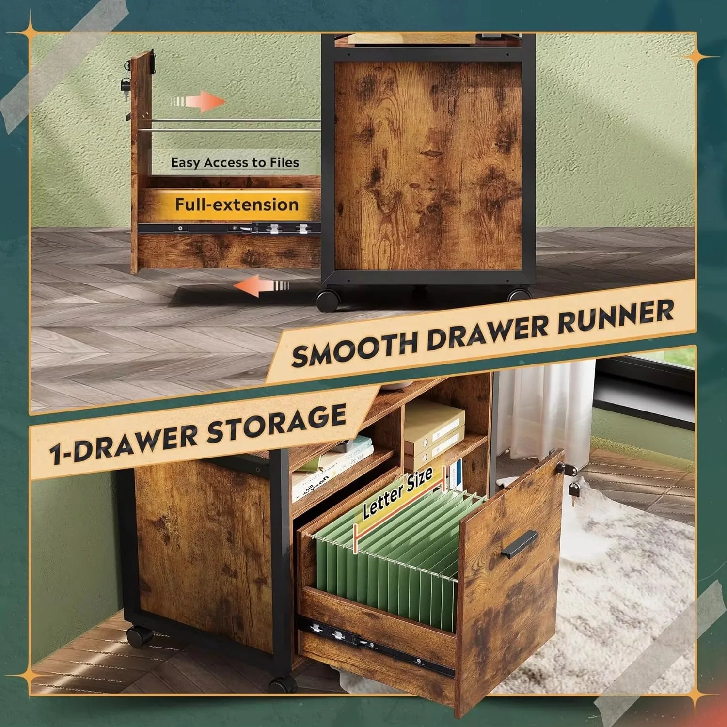 Rustic Brown Locking Lateral File Cabinet with Wheels