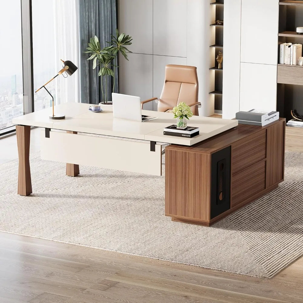 71" L-Shaped Executive Desk with Storage Shelves