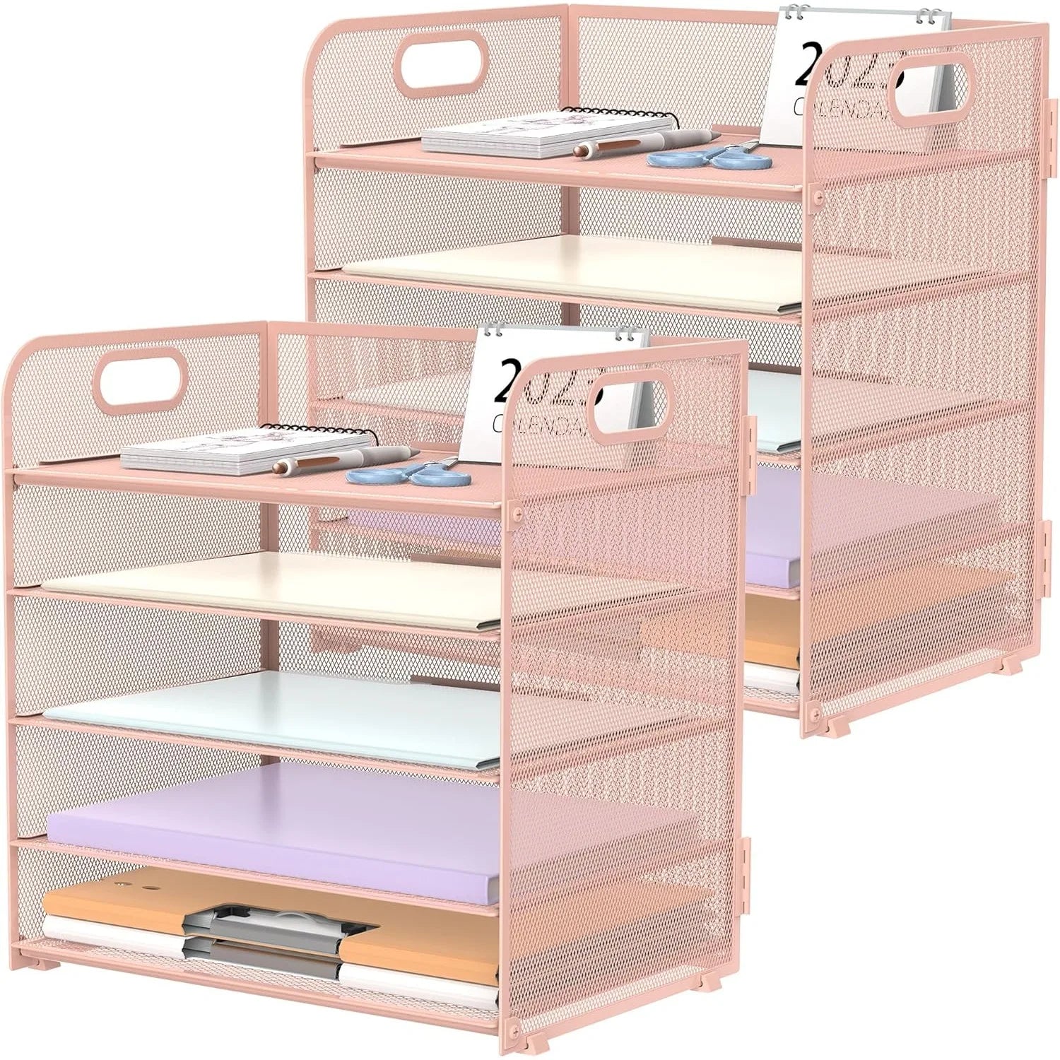 2-Pack Pink 5-Tier Mesh Desk Organizer with Handle