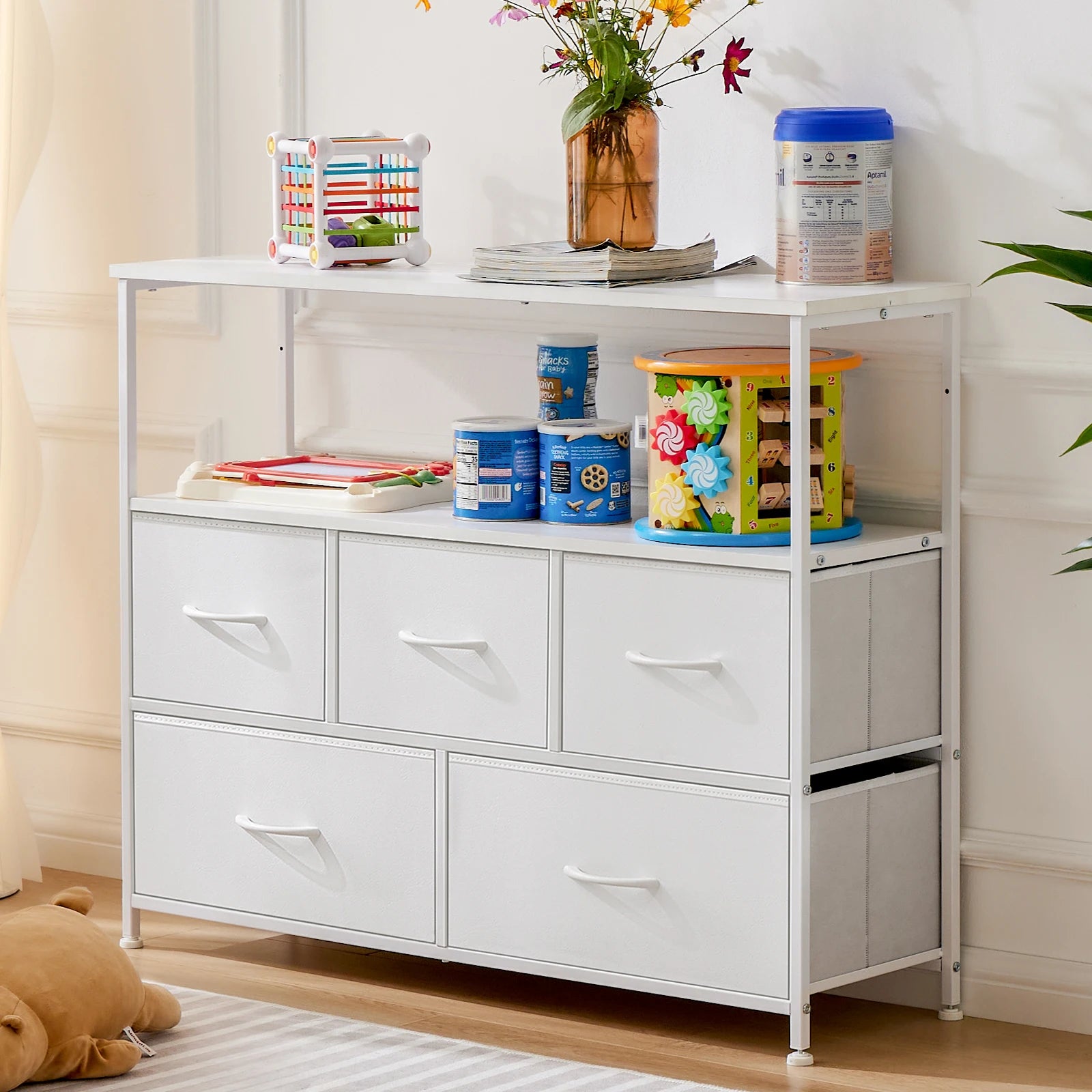 JHK Fireplace TV Stand with 5 Fabric Drawers