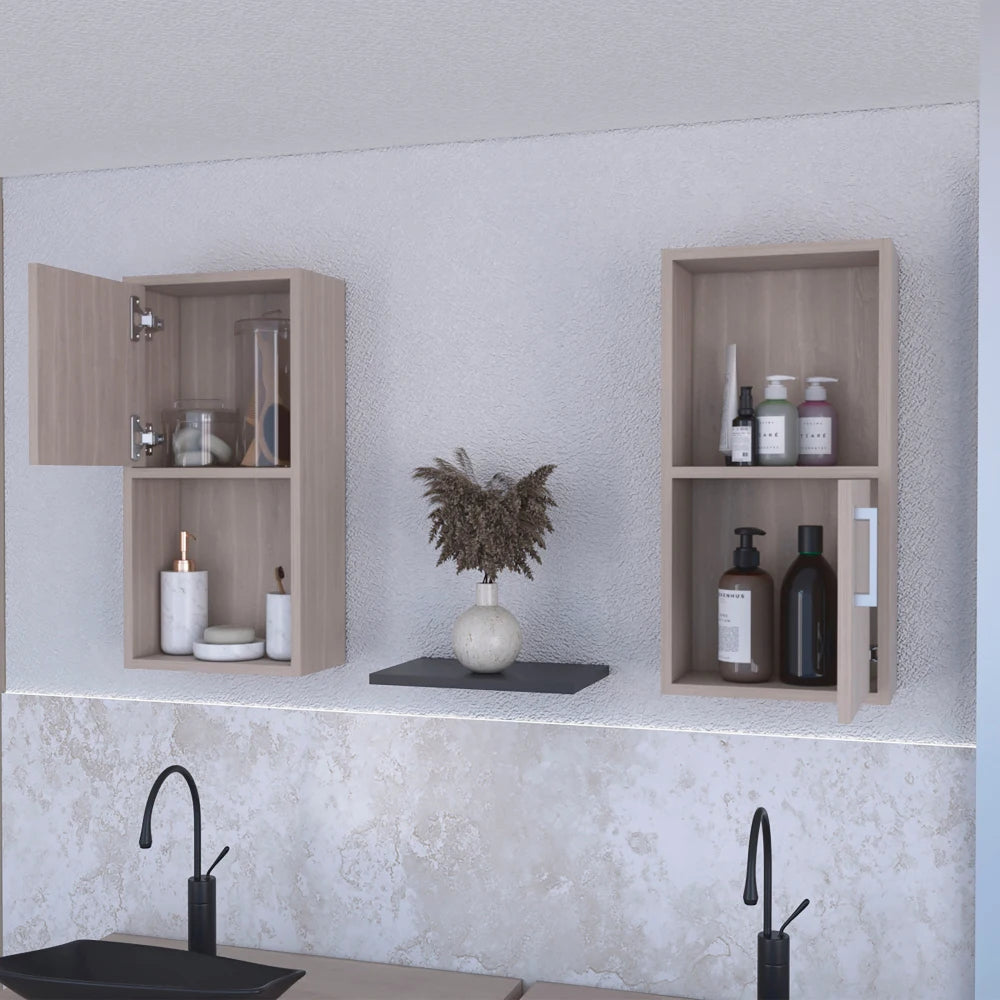 White Oak Bathroom Medicine Cabinets with Open Shelf – Set of 2