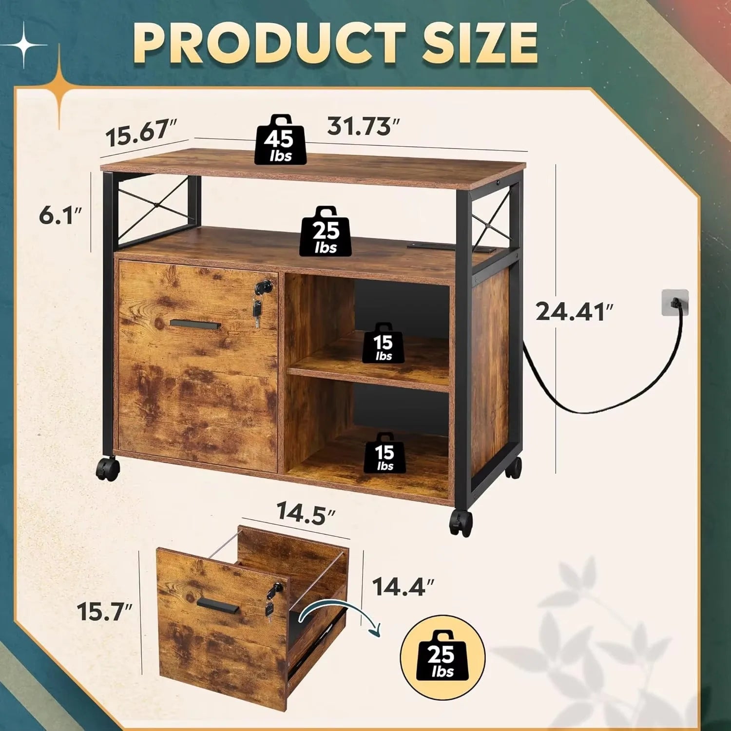 Rustic Brown Locking Lateral File Cabinet with Wheels