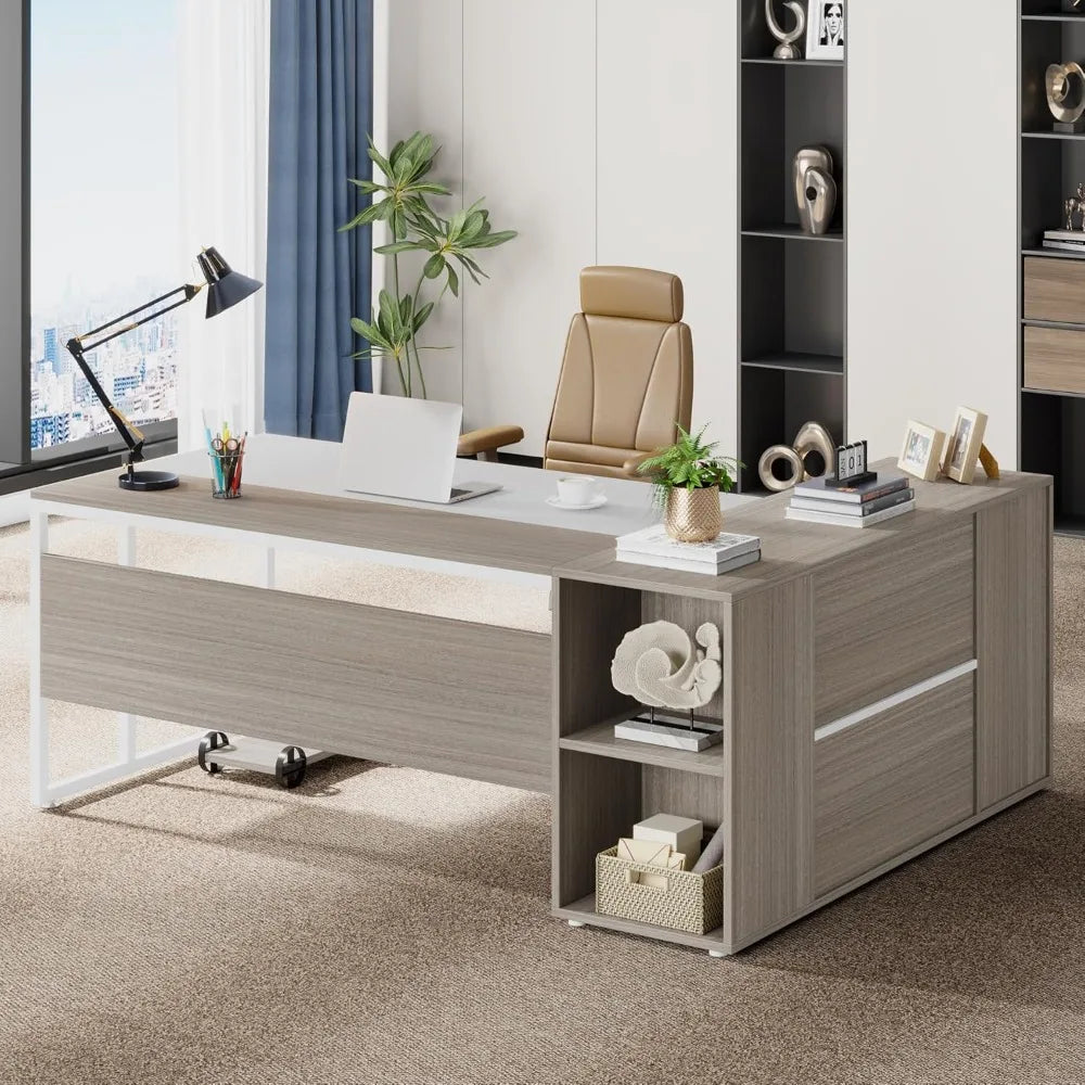 71" L-Shaped Executive Desk with Cabinet Storage