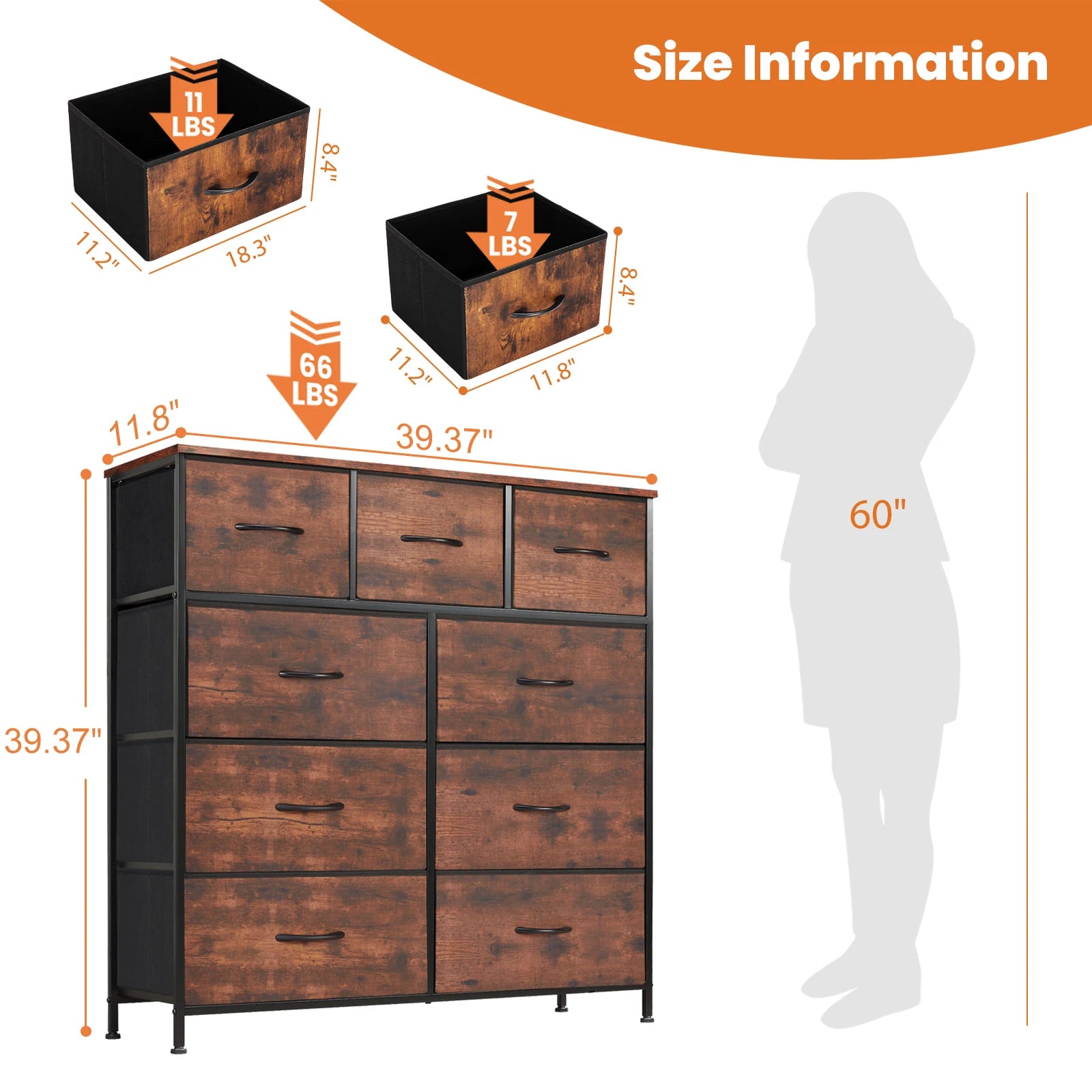 JHK Dresser with 9 Fabric Drawers